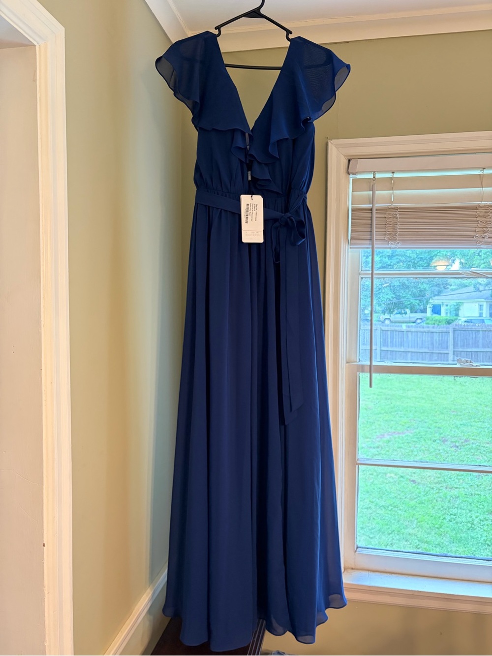 JJs House navy blue ruffle v-neck maxi bridesmaid’s dress